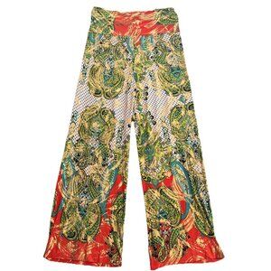 Women’s Flowy Palazzo Pants Sz L Multicolor And Gold Shiny Pull on Metallic